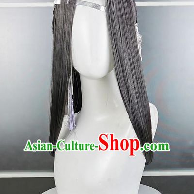 China Cosplay Female Knight Black Wigs Headwear Ancient Young Lady Hairpieces Traditional Game Role Swordswoman Hair Accessories