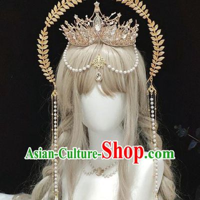 Handmade Baroque Queen Tiara Headpieces Cosplay Goddess Golden Royal Crown Halloween Performance Hair Accessories