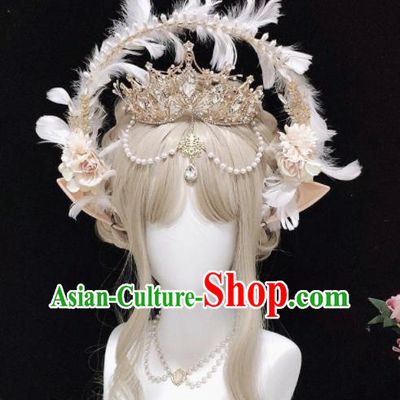 Handmade Baroque Queen Tiara and White Feather Aureole Headpieces Cosplay Goddess Royal Crown Halloween Performance Hair Accessories