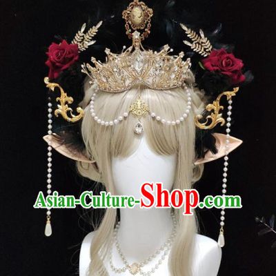 Handmade Cosplay Goddess Royal Crown Halloween Performance Hair Accessories Baroque Queen Tiara and Black Feather Aureole Headpieces