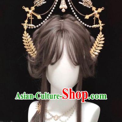 Handmade Retro Angel Hair Accessories Baroque Queen Golden Aureole Headpieces Cosplay Goddess Royal Crown