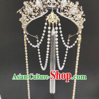 Handmade Cosplay Goddess Beads Tassel Royal Crown Retro Bride Hair Accessories Baroque Queen Tiara Headdress
