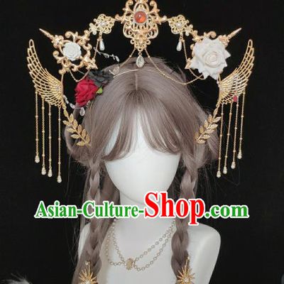 Handmade Baroque Queen Aureole Headdress Cosplay Angel Golden Tassel Royal Crown Retro Wedding Hair Accessories