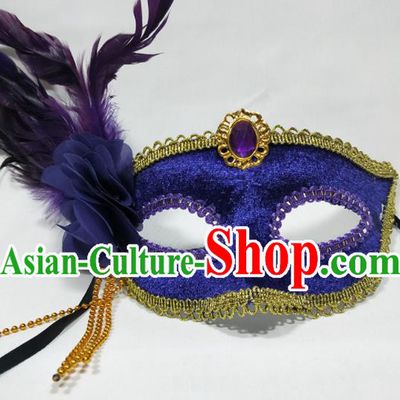Handmade Cosplay Performance Mask Masque Face Accessories Stage Show Decorations Halloween Purple Feather Headdress