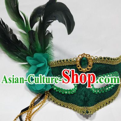 Handmade Stage Show Decorations Halloween Green Feather Headdress Cosplay Performance Mask Masque Face Accessories