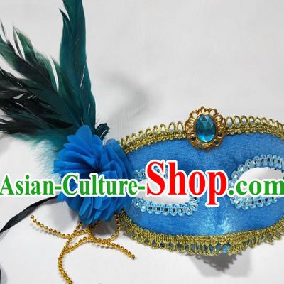 Handmade Masque Face Accessories Stage Show Decorations Halloween Blue Feather Headdress Cosplay Performance Mask