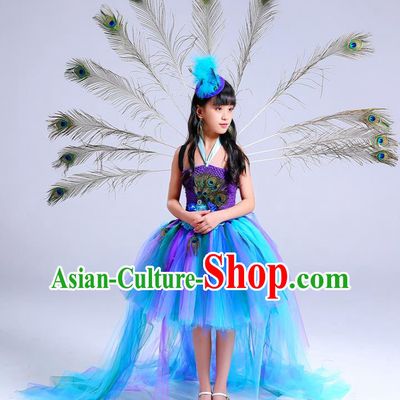 Custom Girl Catwalks Clothing Blue Veil Trailing Dress Compere Garment Costumes Children Stage Show Fashion