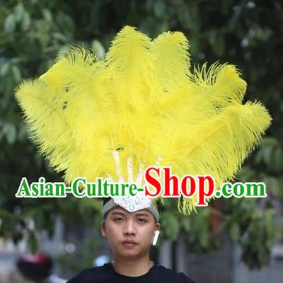 Handmade Samba Dance Hair Crown Rio Carnival Yellow Ostrich Feather Hat Halloween Male Headwear Stage Performance Hair Accessories