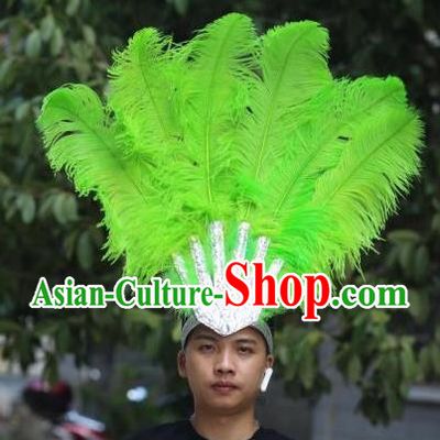Handmade Stage Performance Hair Accessories Samba Dance Hair Crown Rio Carnival Green Ostrich Feather Hat Halloween Male Headwear