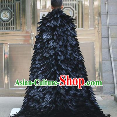 Custom Catwalks Fashion Performance Mantle Halloween Stage Show Clothing Cosplay Angel Black Feathers Cloak