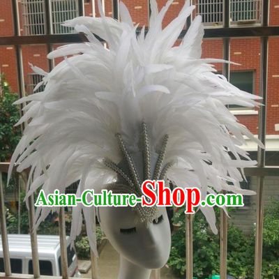 Handmade Rio Carnival Deluxe White Feather Hat Catwalks Pearls Headpiece Stage Performance Hair Crown Samba Dance Hair Accessories