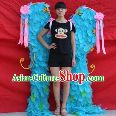 Top Halloween Cosplay Performance Decorations Miami Angel Catwalks Giant Props Stage Show Blue Ostrich Feather Wings Opening Dance Back Accessories