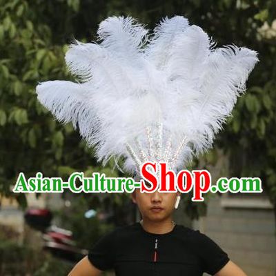 Handmade Rio Carnival White Feather Hat Halloween Male Headwear Stage Performance Hair Accessories Samba Dance Hair Crown
