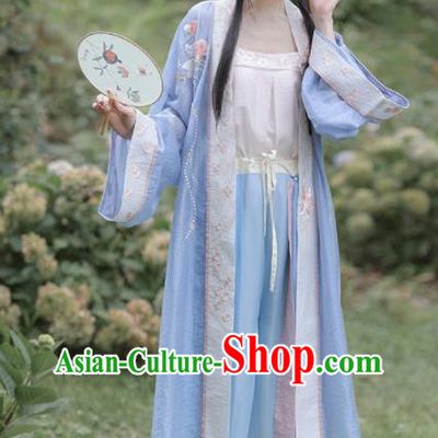 China Ancient Young Lady Garment Costumes Song Dynasty Historical Clothing Traditional Civilian Woman Blue Hanfu Dress Uniforms
