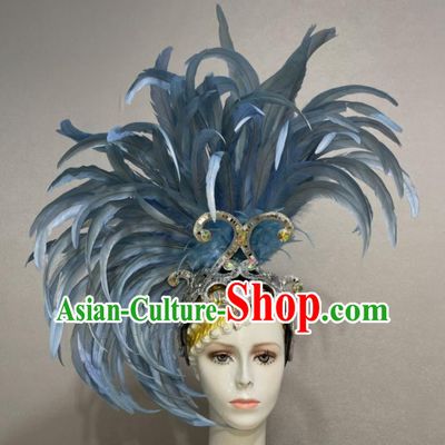 Custom Halloween Catwalks Giant Hair Crown Opening Dance Headdress Brazil Parade Blue Feather Hat Samba Dance Hair Accessories