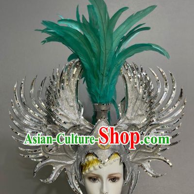 Custom Samba Dance Hair Accessories Halloween Catwalks Giant Argent Hair Crown Opening Dance Headdress Brazil Parade Green Feather Hat