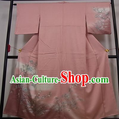 Japanese Traditional Hanabi Taikai Clothing Classical Bamboo Leaf Pattern Kimono Costume Young Woman Pink Silk Yukata Dress