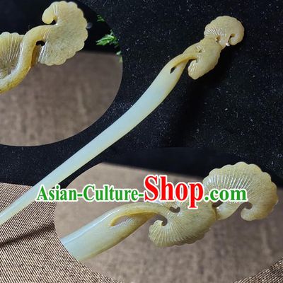 China Classical Headwear Handmade Jade Carving Ginkgo Leaf Hairpin Traditional Hair Accessories Cheongsam Hair Stick