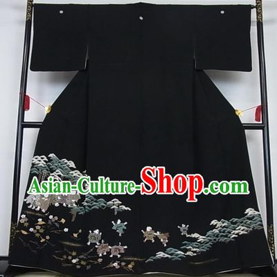 Japanese Traditional Ceremony Clothing Classical Children Pattern Kurotomesode Kimono Costume Elderly Woman Black Yukata Dress