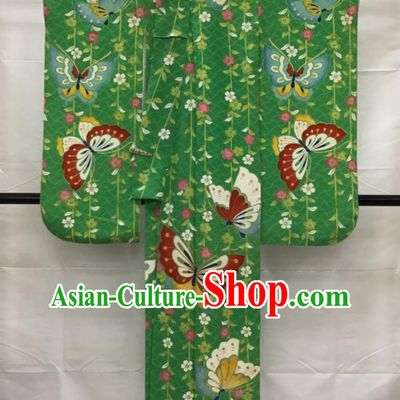 Japanese Young Woman Green Yukata Dress Traditional Court Clothing Classical Sakura Butterfly Pattern Furisode Kimono Costume