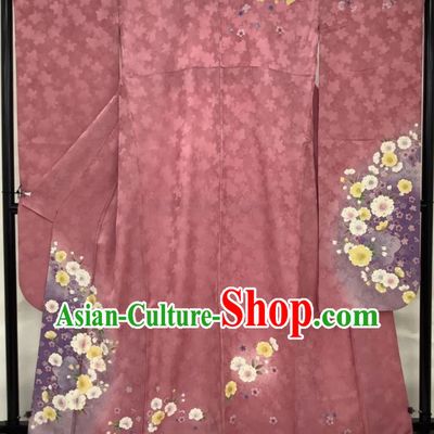 Japanese Classical Sakura Pattern Furisode Kimono Costume Young Woman Pink Silk Yukata Dress Traditional Court Clothing