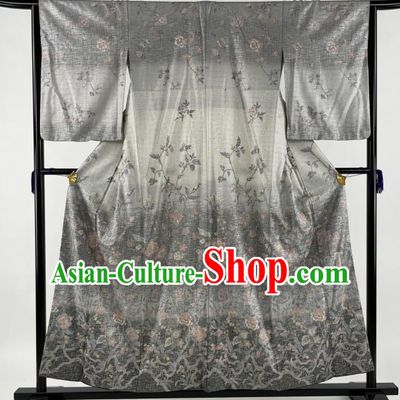 Japanese Traditional Court Empress Clothing Classical Flowers Butterfly Pattern Tsukesage Kimono Costume Elderly Woman Grey Silk Yukata Dress