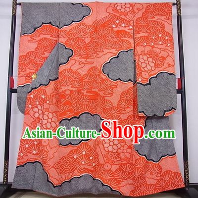 Japanese Court Woman Red Yukata Dress Traditional Wedding Bride Clothing Classical Cloud Pine Pattern Furisode Kimono Costume