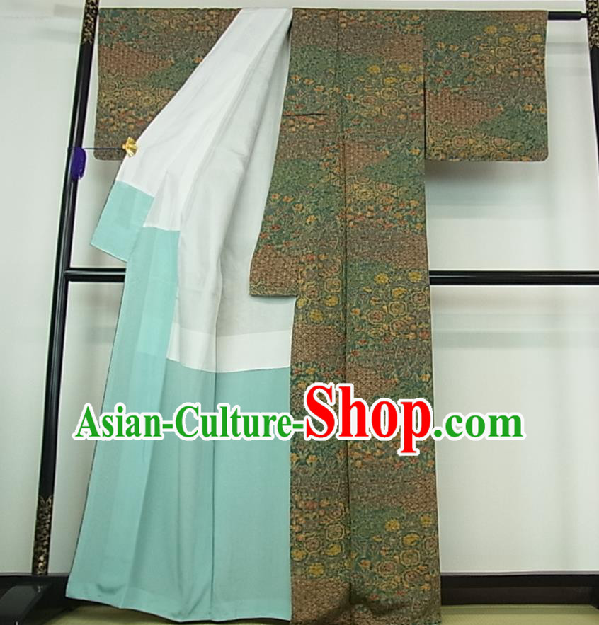 Japanese Classical Flowers Pattern Tsukesage Kimono Female Deep Green Yukata Dress Traditional Festival Clothing Japanese Classical Flowers Pattern Tsukesage Kimono Female Deep Green Yukata Dress Traditional Festival Clothing
