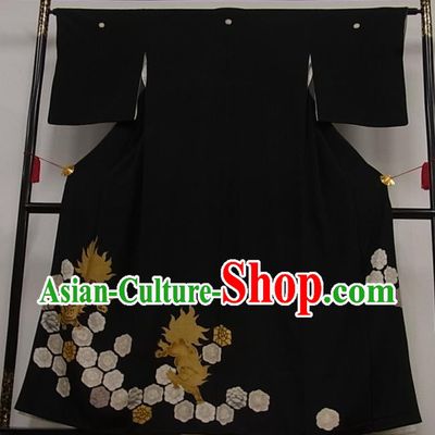 Japan Classical Lion Pattern Black Yukata Robe Male Garment Costume Traditional Tsukesage Kimono Clothing