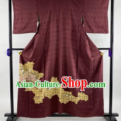Japanese Classical Peony Pattern Tsukesage Kimono Costume Young Woman Wine Red Silk Yukata Dress Traditional Festival Clothing