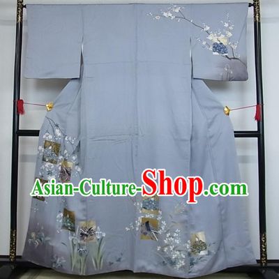 Japanese Young Woman Blue Yukata Dress Traditional Festival Performance Clothing Classical Plum Orchids Pattern Tsukesage Kimono Costume