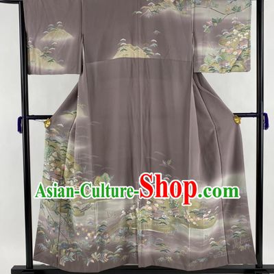 Japanese Classical Sakura Landscape Pattern Tsukesage Kimono Costume Elderly Female Grey Yukata Dress Traditional Ceremony Clothing