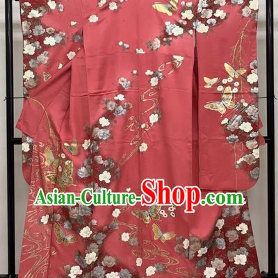 Japanese Traditional Wedding Ceremony Clothing Classical Peony Butterfly Pattern Furisode Kimono Costume Bride Pink Silk Yukata Dress