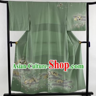 Japanese Classical Chrysanthemum Orchids Pattern Tsukesage Kimono Costume Young Woman Green Silk Yukata Dress Traditional Homongi Clothing