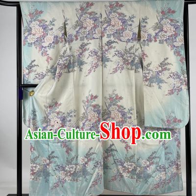 Japanese Traditional Wedding Clothing Classical Peony Pattern Furisode Kimono Costume Young Woman Silk Yukata Dress