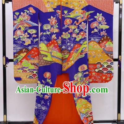 Japanese Classical Crane Chrysanthemum Pattern Furisode Kimono Costume Court Woman Royalblue Silk Yukata Dress Traditional Wedding Bride Clothing