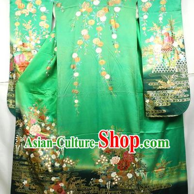 Japanese Classical Peony Flowers Pattern Furisode Kimono Costume Court Woman Green Silk Yukata Dress Traditional Wedding Bride Clothing