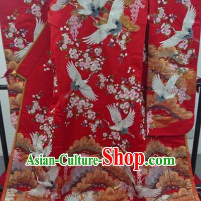 Japanese Traditional Wedding Bride Clothing Classical Cranes Pattern Uchikake Kimono Costume Geisha Performance Red Silk Yukata Dress