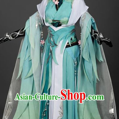 Chinese Ancient Swordswoman Costumes Traditional Cosplay Female Knight Green Hanfu Dress