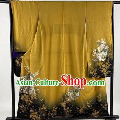 Japanese Geisha Performance Ginger Yukata Dress Traditional Wedding Bride Clothing Classical Wheel Flowers Pattern Furisode Kimono Costume