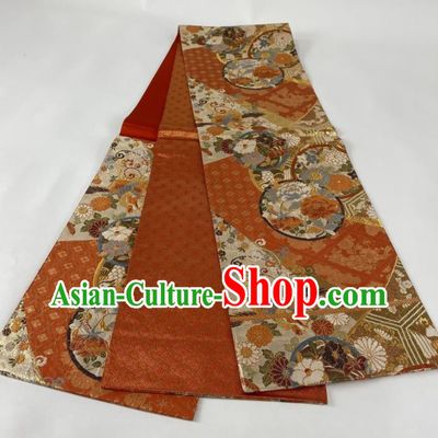 Japanese Handmade Red Brocade Waistband Traditional Yukata Robe Nishijin Girdle Accessories Classical Peony Pattern Kimono Belt