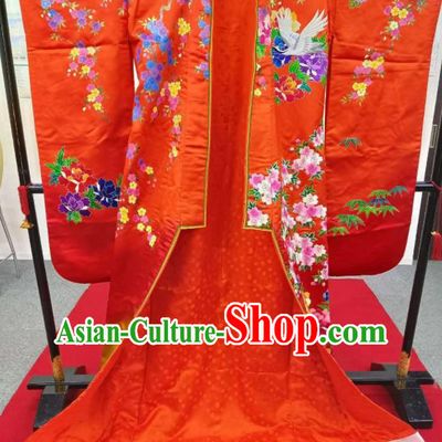 Japanese Traditional Court Bride Clothing Classical Cranes Flowers Pattern Uchikake Kimono Costume Geisha Performance Red Silk Yukata Dress