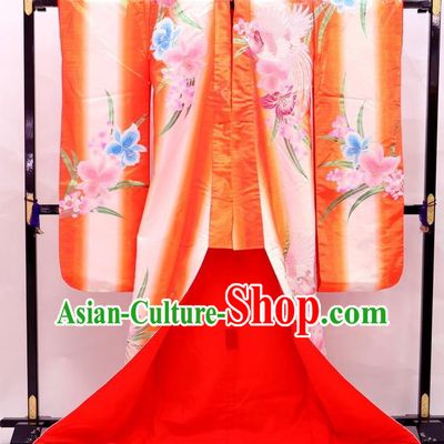 Japanese Geisha Courtesan Orange Silk Yukata Dress Traditional Court Bride Clothing Classical Phoenix Pattern Uchikake Kimono Costume