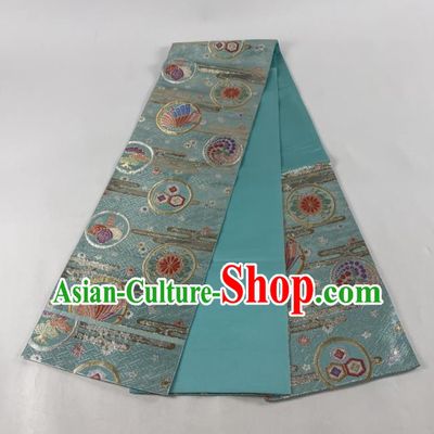 Japanese Classical Butterfly Flowers Pattern Kimono Belt Handmade Blue Brocade Waistband Traditional Yukata Robe Nishijin Girdle Accessories