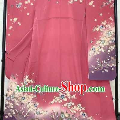 Japanese Classical Flowers Pattern Furisode Kimono Costume Young Lady Pink Silk Yukata Dress Traditional Court Queen Clothing