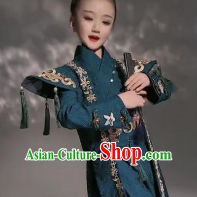 Chinese Children Kung Fu Performance Deep Blue Dress Outfits Stage Show Fashion Girl Catwalk Clothing Modern Dance Garment Costume