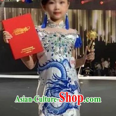 Chinese Children Performance White Qipao Dress Stage Show Fashion Girl Catwalk Clothing Compere Garment Costume