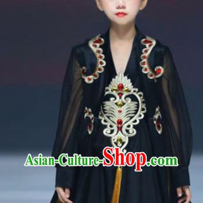 Chinese Modern Dance Garment Costume Children Kung Fu Performance Black Trailing Dress Stage Show Fashion Girl Catwalk Clothing