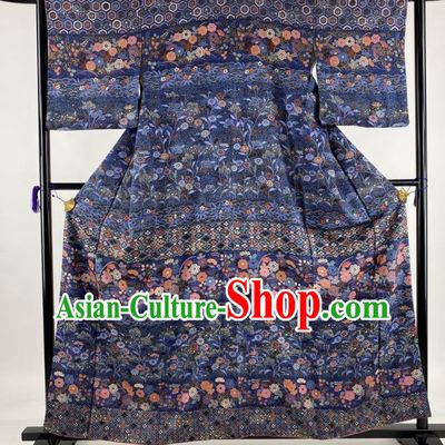 Japanese Young Lady Deep Blue Yukata Dress Traditional Summer Festival Clothing Classical Flowers Pattern Tsukesage Kimono Costume