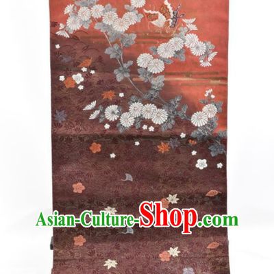 Japanese Handmade Nishijin Red Brocade Waistband Traditional Yukata Robe Girdle Accessories Classical Chrysanthemum Pattern Kimono Belt